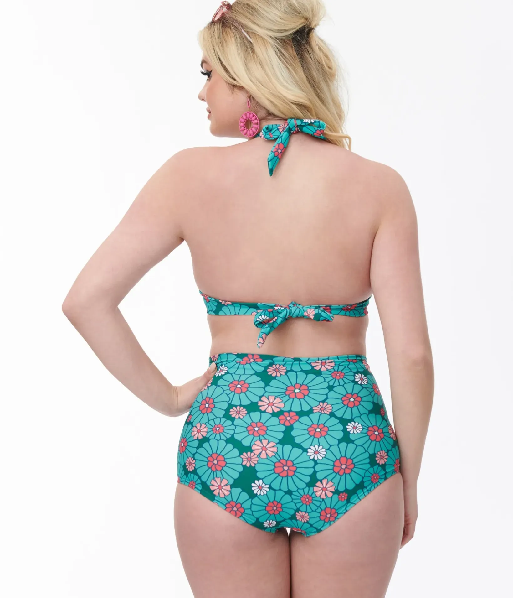 Unique Vintage Swim Tops|Two Piece Swim>Teal Flower Child Monroe Halter Swim Top