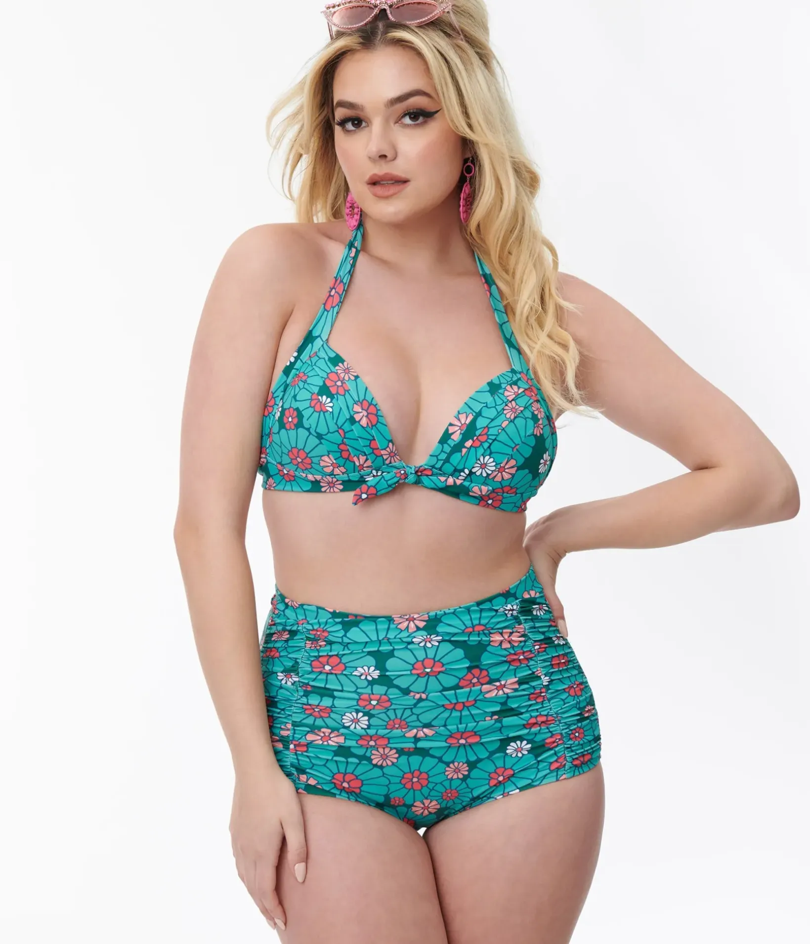Unique Vintage Swim Tops|Two Piece Swim>Teal Flower Child Monroe Halter Swim Top