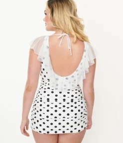 Unique Vintage One Piece Swim>White & Black Polka Dot Ruffle Sheath Swimsuit