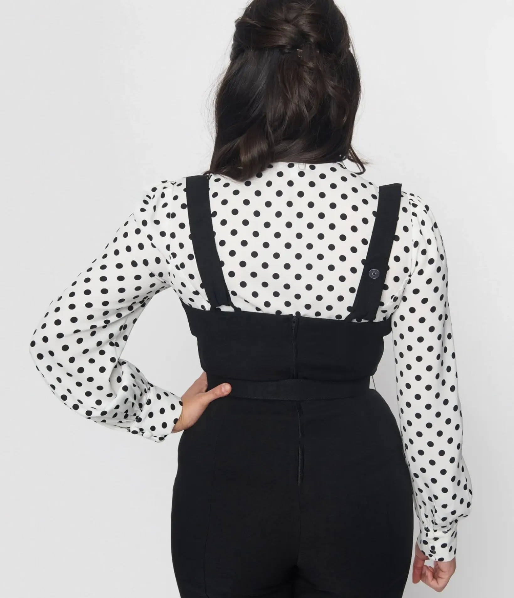Unique Vintage Work Wear>White & Black Polka Sashed Bodysuit