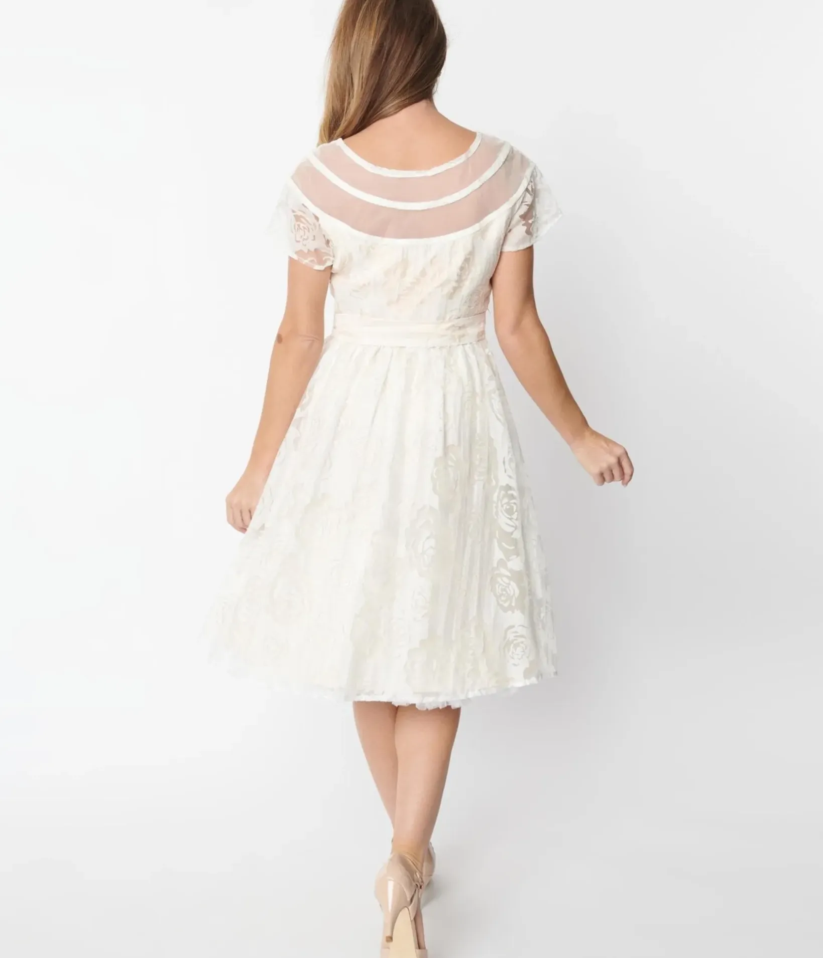 Unique Vintage Fit & Flare|Everyday Dresses>White Burnout Rose Flare Dress