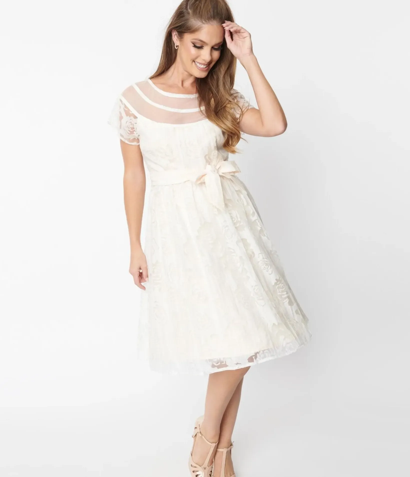 Unique Vintage Fit & Flare|Everyday Dresses>White Burnout Rose Flare Dress