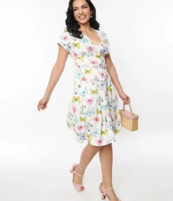 Unique Vintage Swing|Pocket Dresses>White Butterfly Flutter Sleeve Swing Dress