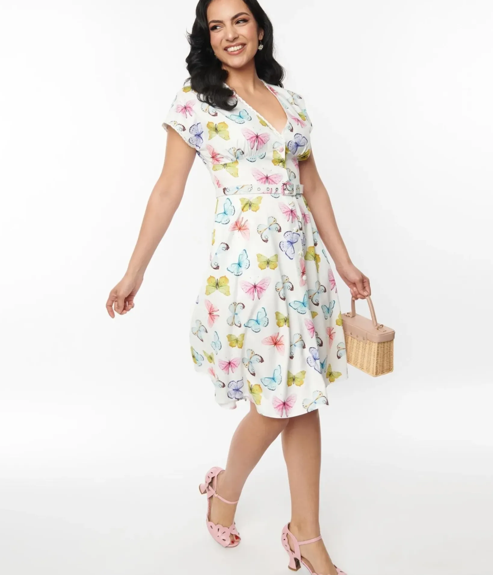 Unique Vintage Swing|Pocket Dresses>White Butterfly Flutter Sleeve Swing Dress