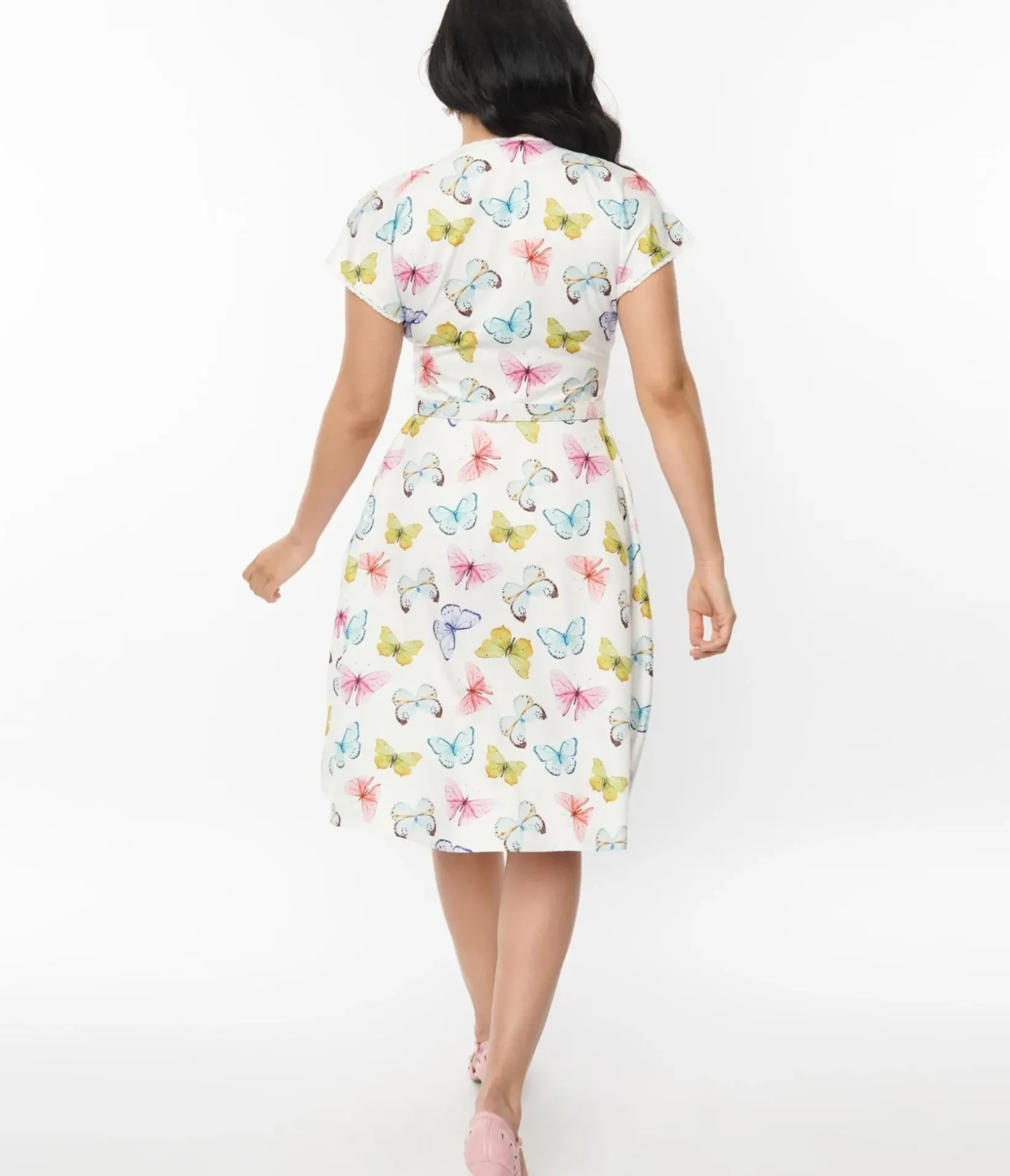 Unique Vintage Swing|Pocket Dresses>White Butterfly Flutter Sleeve Swing Dress