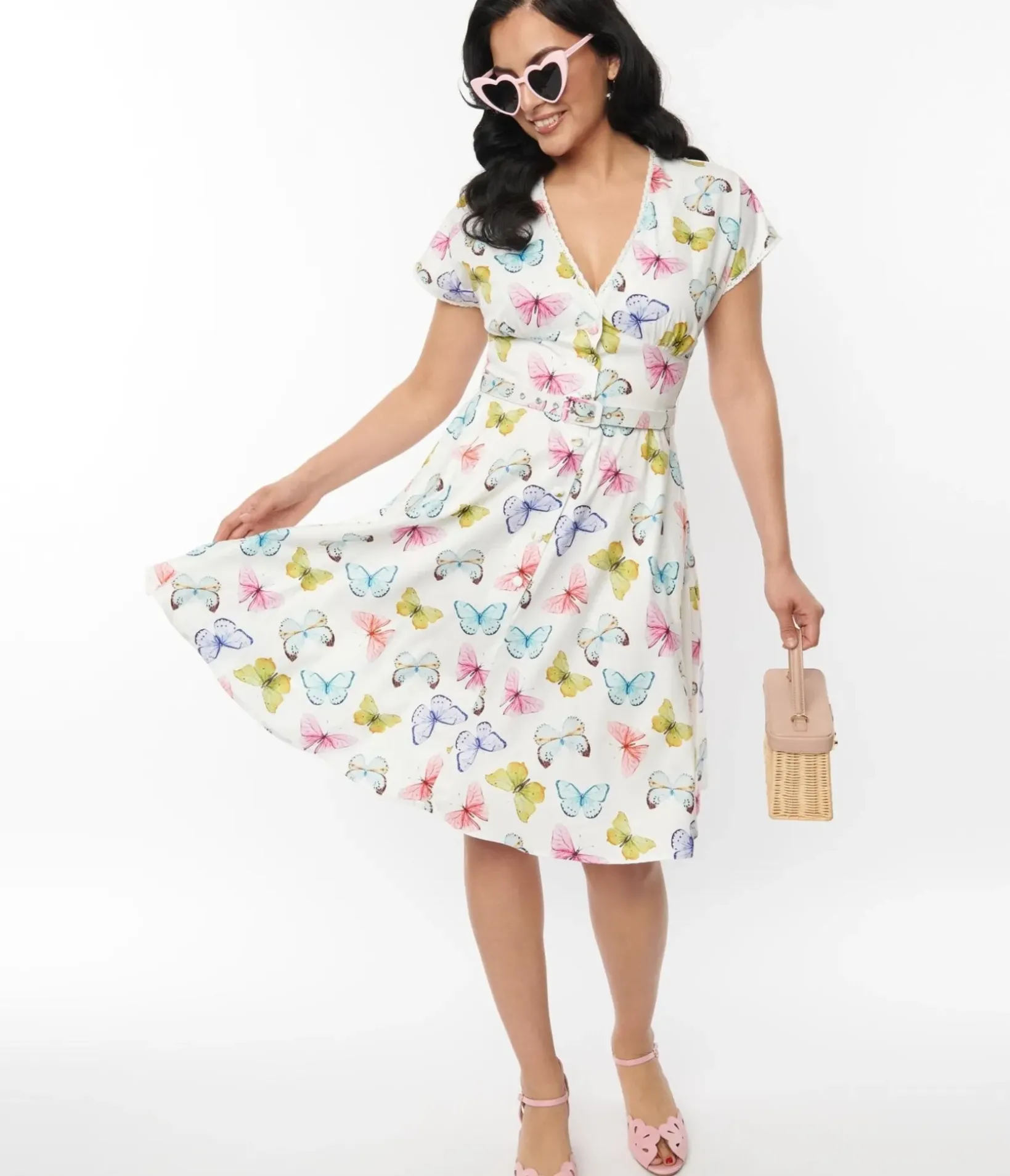 Unique Vintage Swing|Pocket Dresses>White Butterfly Flutter Sleeve Swing Dress