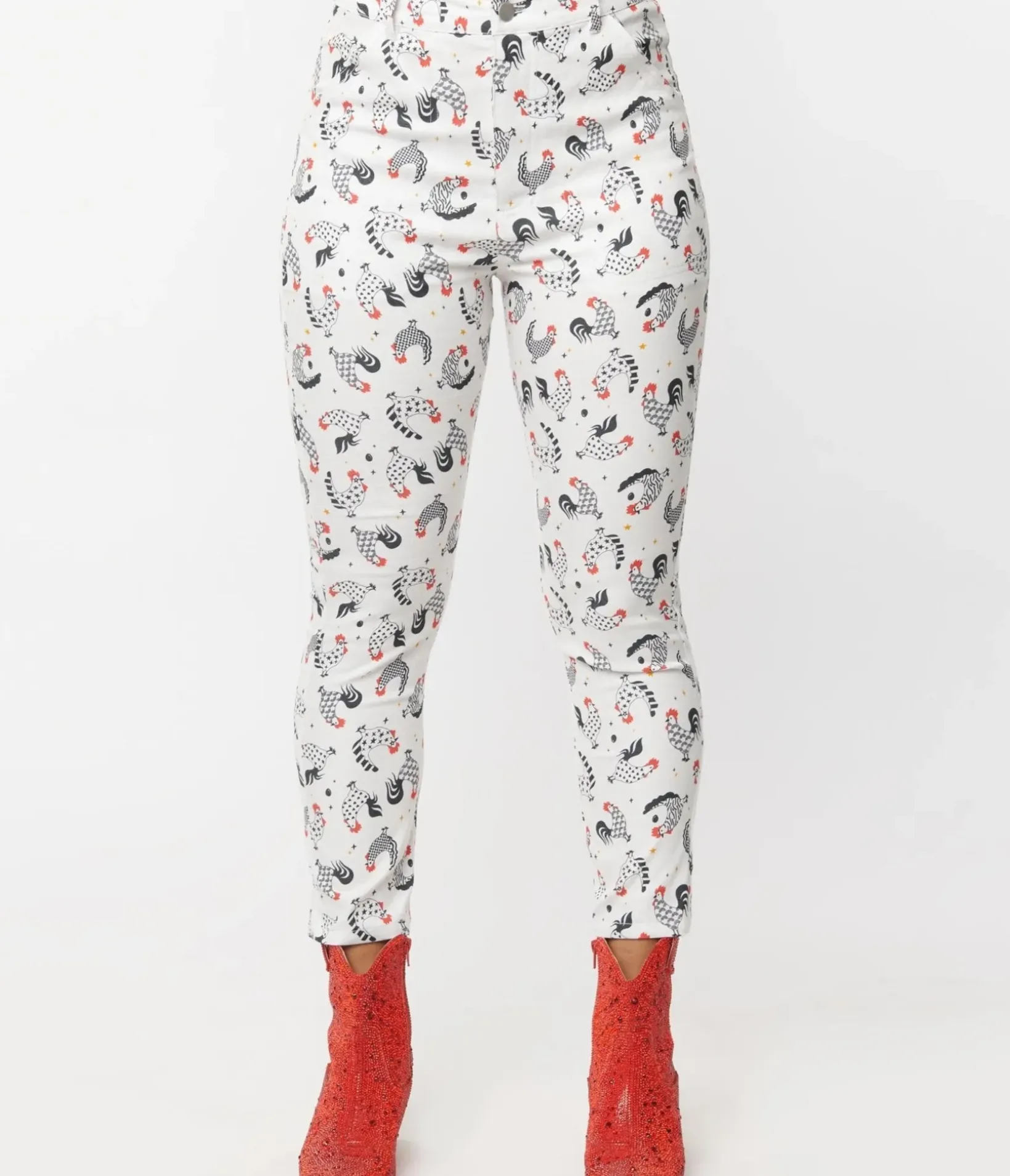 Unique Vintage Pants>White Chicken Print Cropped Capris
