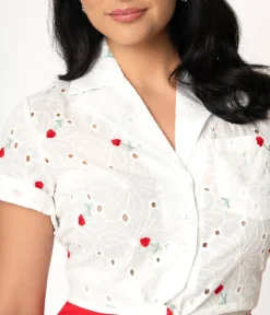Unique Vintage All Things Red>White Eyelet & Red Florals Shirley Crop Top