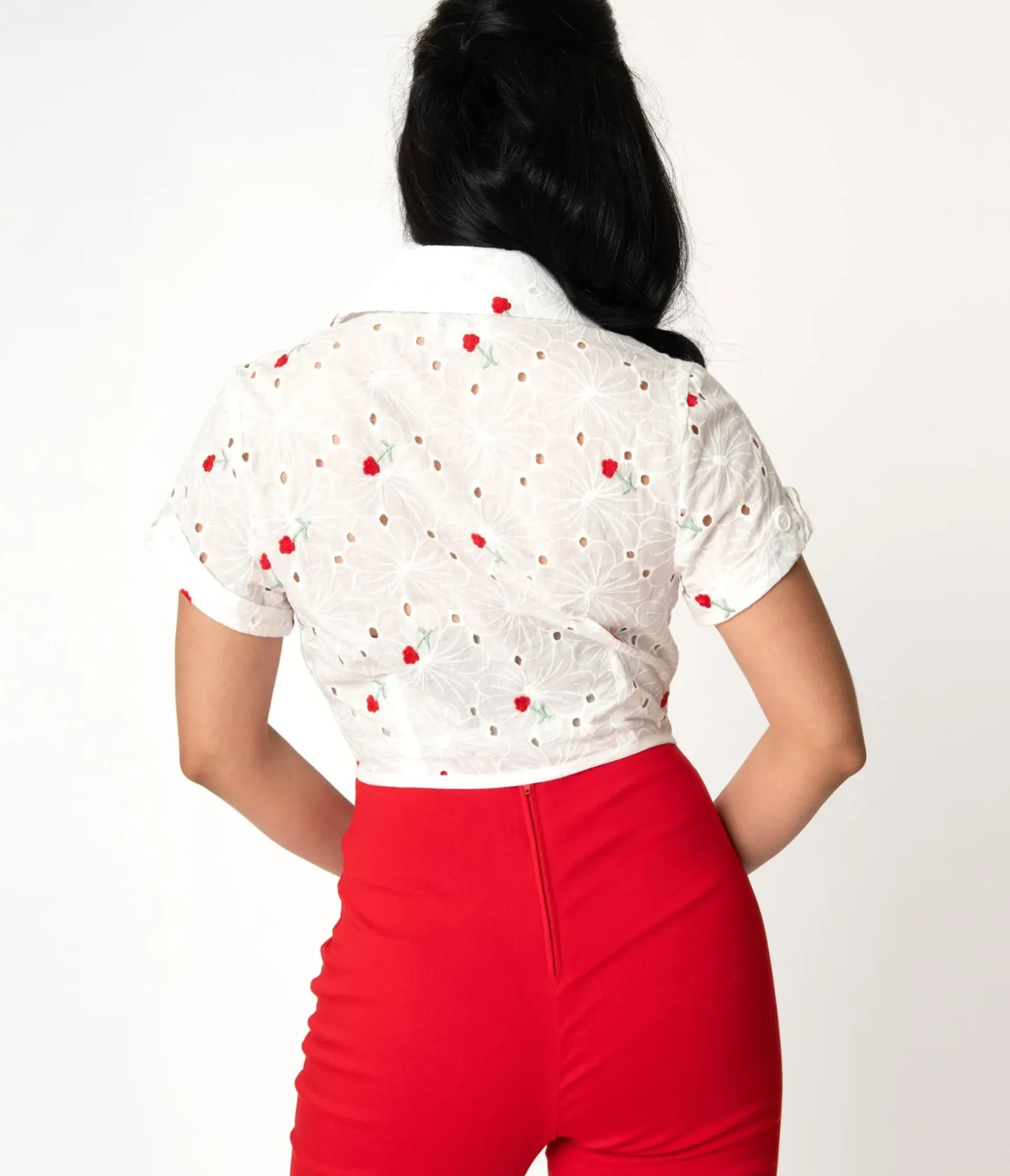 Unique Vintage All Things Red>White Eyelet & Red Florals Shirley Crop Top