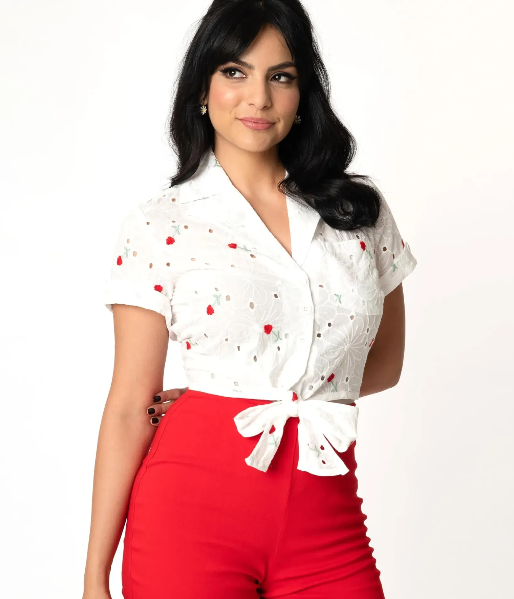 Unique Vintage All Things Red>White Eyelet & Red Florals Shirley Crop Top