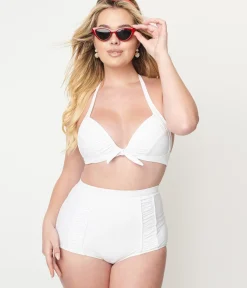 Unique Vintage Swim Tops|Two Piece Swim>White Halter Swim Top