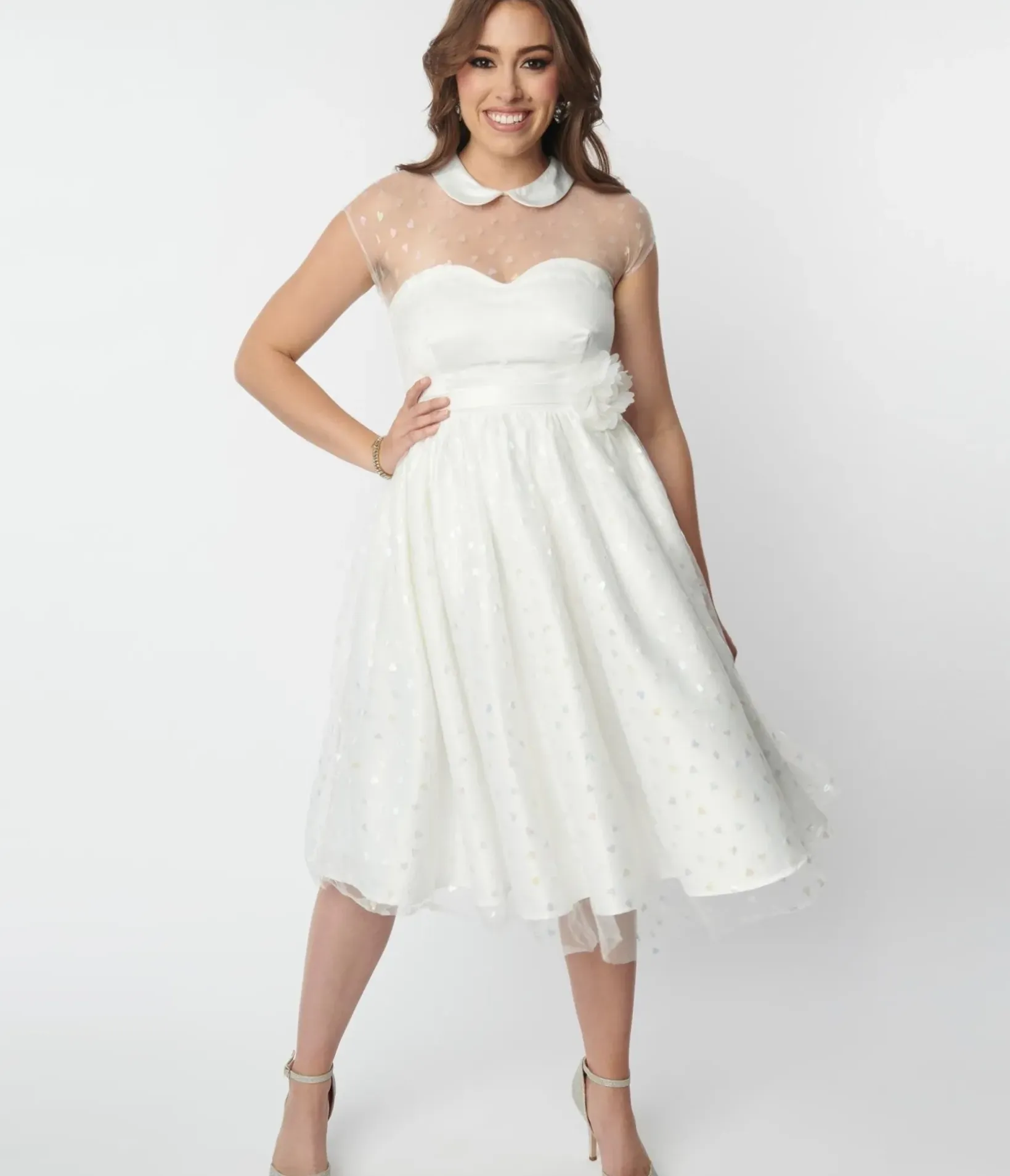 Unique Vintage Swing|Pocket Dresses>White & Iridescent Heart Bridal Swing Dress