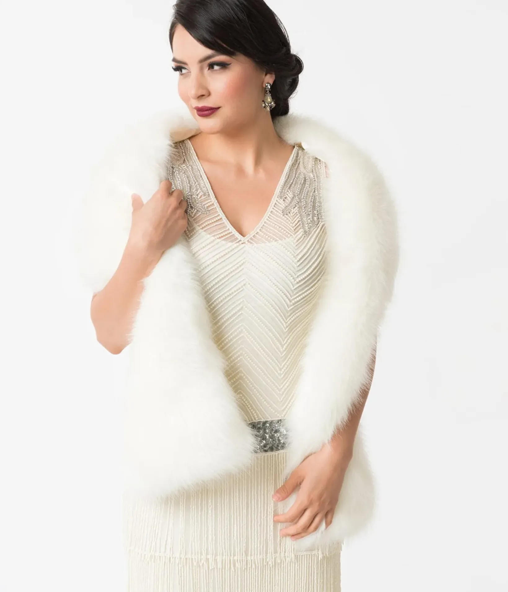 Unique Vintage Special Occasion|Prom Accessories>White Ivory Faux Fur Stole
