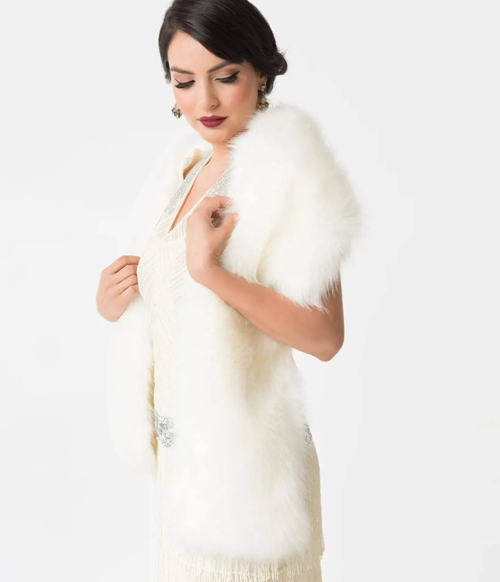 Unique Vintage Special Occasion|Prom Accessories>White Ivory Faux Fur Stole