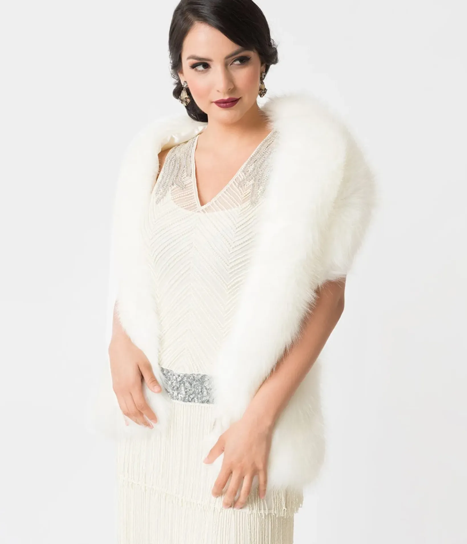 Unique Vintage Special Occasion|Prom Accessories>White Ivory Faux Fur Stole