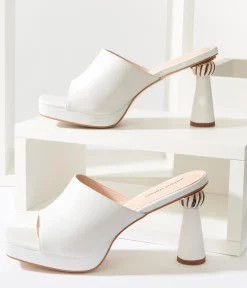 Unique Vintage Special Occasion|Heels>White Leatherette Spiral Ball Mule Heels