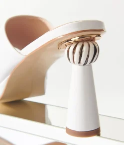 Unique Vintage Special Occasion|Heels>White Leatherette Spiral Ball Mule Heels