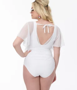 Unique Vintage One Piece Swim|Bachelorette>White Mesh Sleeved Torrey Swimsuit