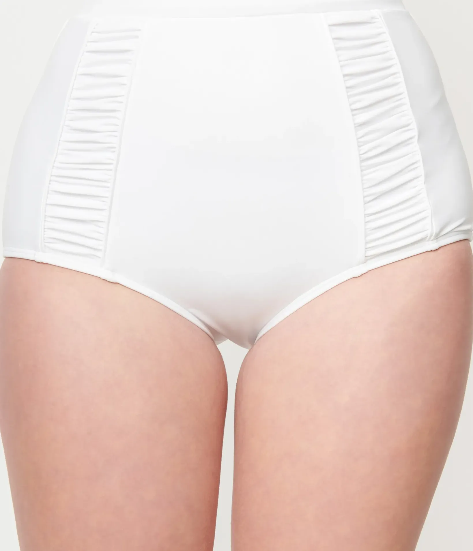 Unique Vintage Swim Bottoms|Two Piece Swim>White Ruched Swim Bottom