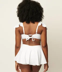 Unique Vintage Swim Tops|Two Piece Swim>White Ruffled Cap Sleeve Frida Swim Top
