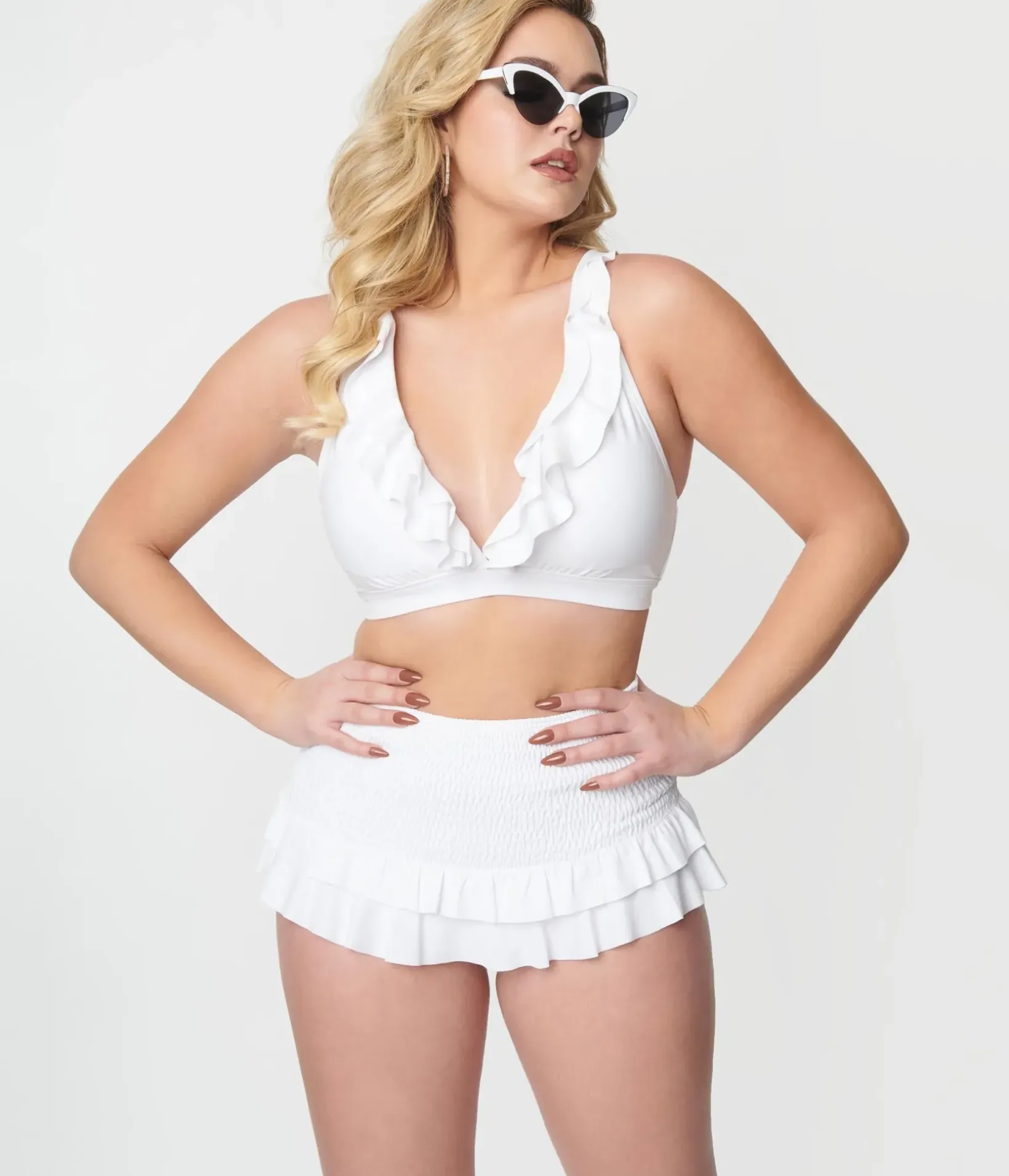 Unique Vintage Swim Tops|Two Piece Swim>White Ruffle Halter Swim Top