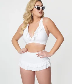 Unique Vintage Swim Bottoms|Two Piece Swim>White Shirred Skirt Swim Bottom