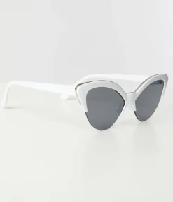 Unique Vintage Sunglasses>White & Silver Half Rim Cat Eye Sunglasses