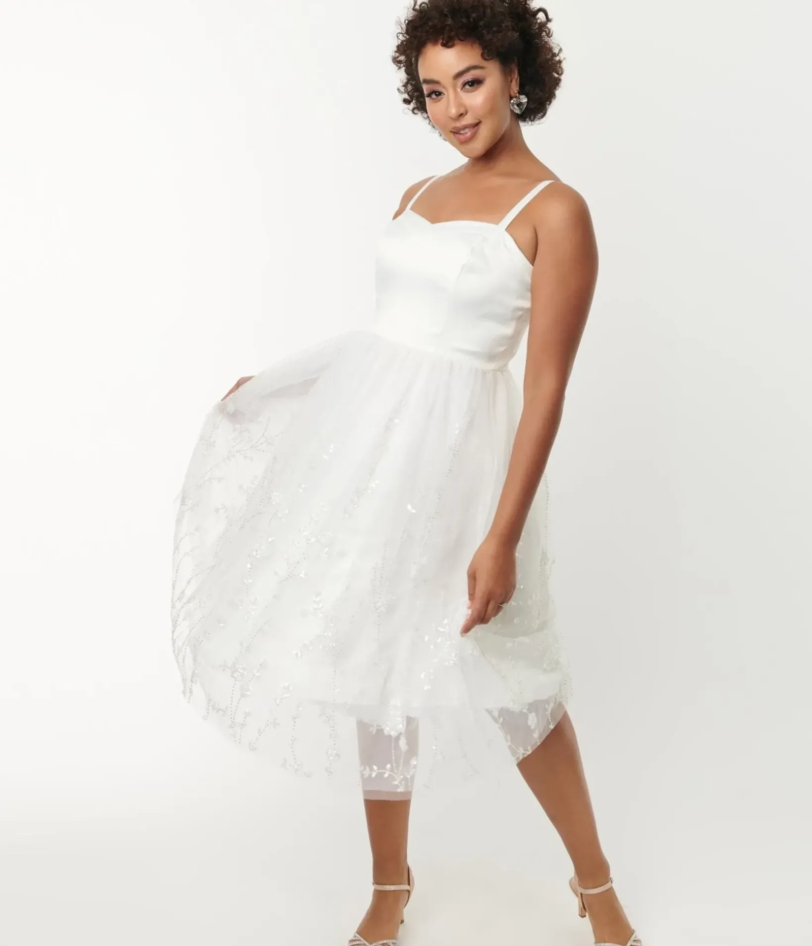 Unique Vintage Swing|Everyday Dresses>White Tulle & Floral Beading Bertie Swing Dress