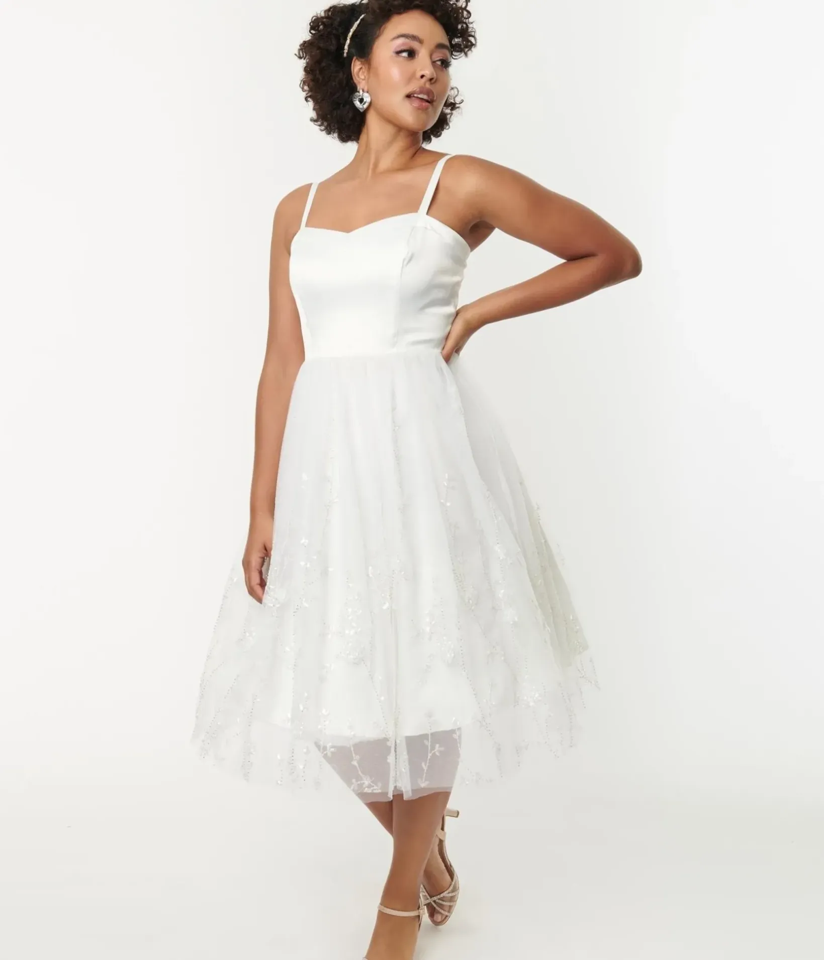 Unique Vintage Swing|Everyday Dresses>White Tulle & Floral Beading Bertie Swing Dress