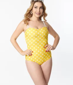 Unique Vintage One Piece Swim>Yellow & White Polka Dot Barbara One Piece Swimsuit