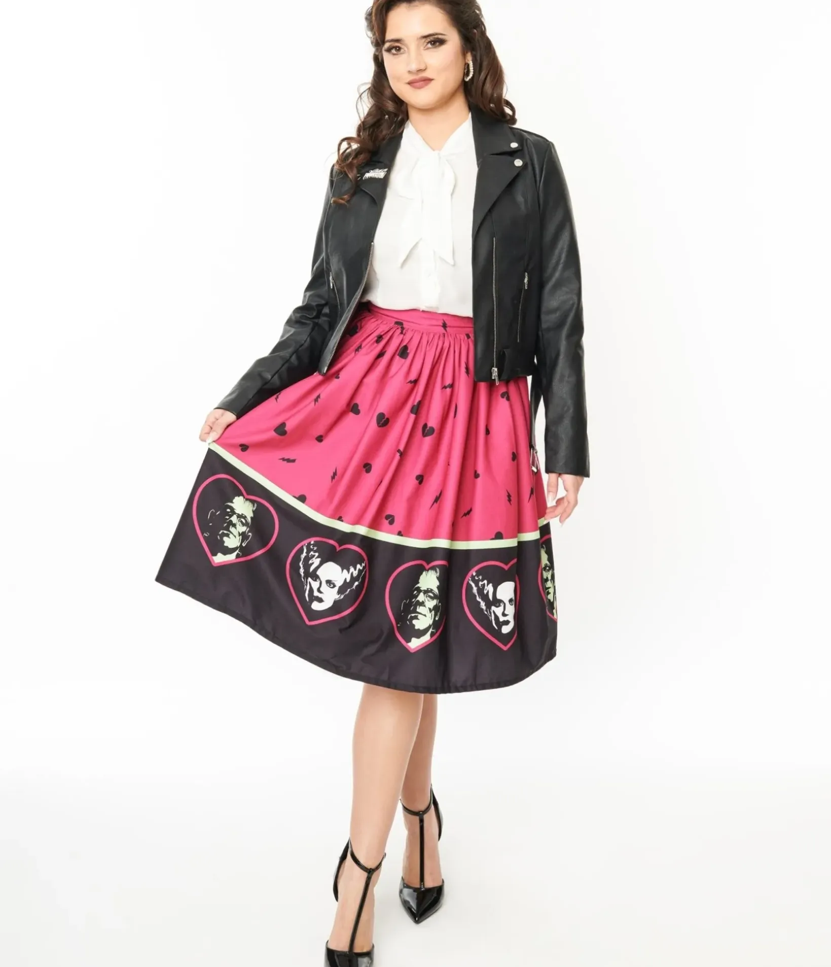 Unique Vintage Skirts|Halloween>Universal Monsters x Frankenstein & Bride Of Frankenstein Border Gellar Swing Skirt
