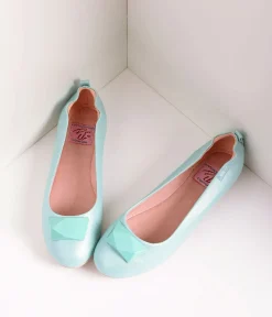 Unique Vintage Flats>Vintage Style Aqua Blue Leatherette & Geometric Gem Ballet Flats