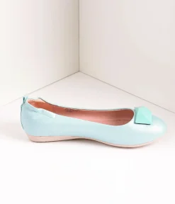 Unique Vintage Flats>Vintage Style Aqua Blue Leatherette & Geometric Gem Ballet Flats