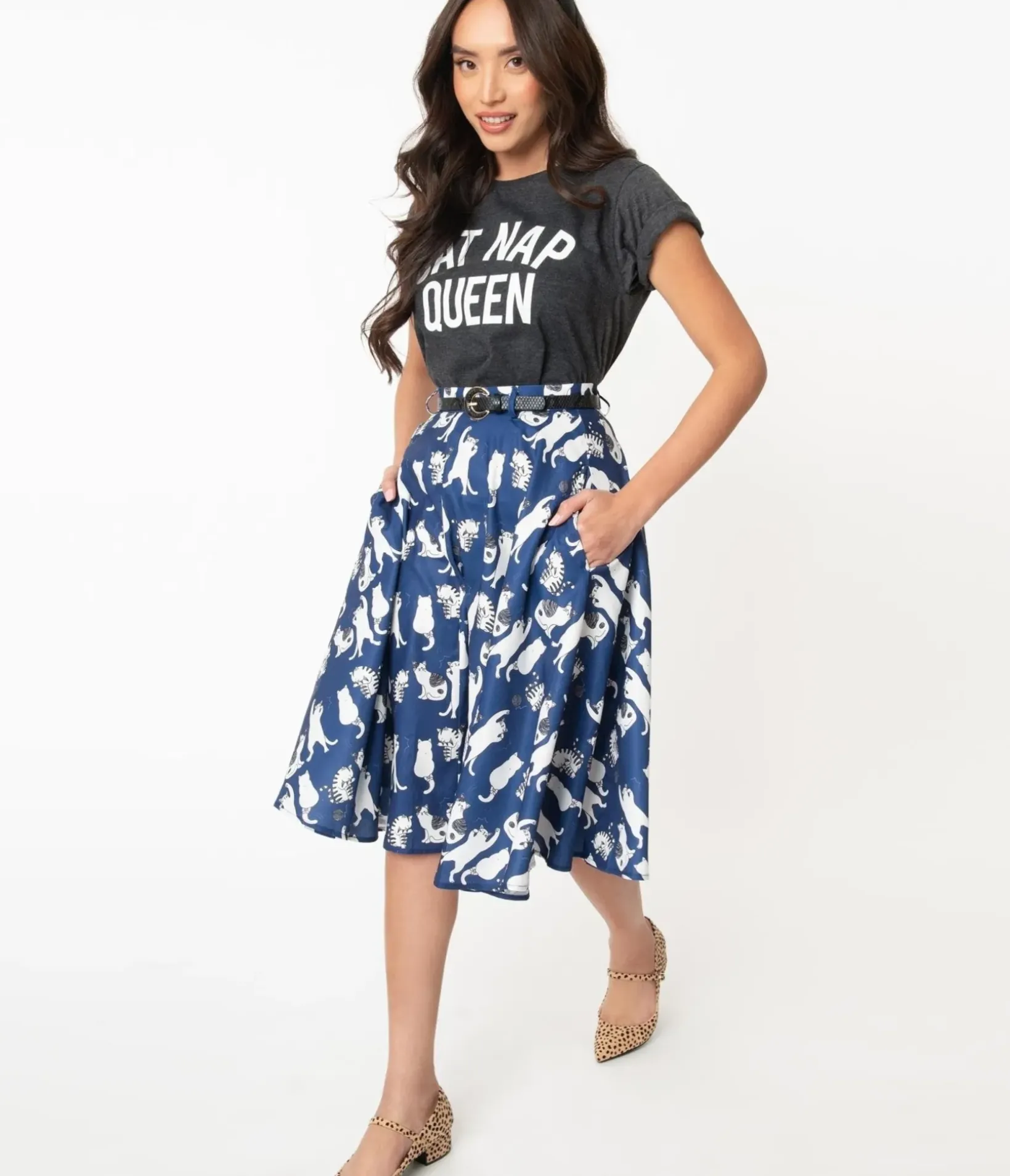 Unique Vintage Skirts>Vintage Style Navy & White Cat Print Swing Skirt