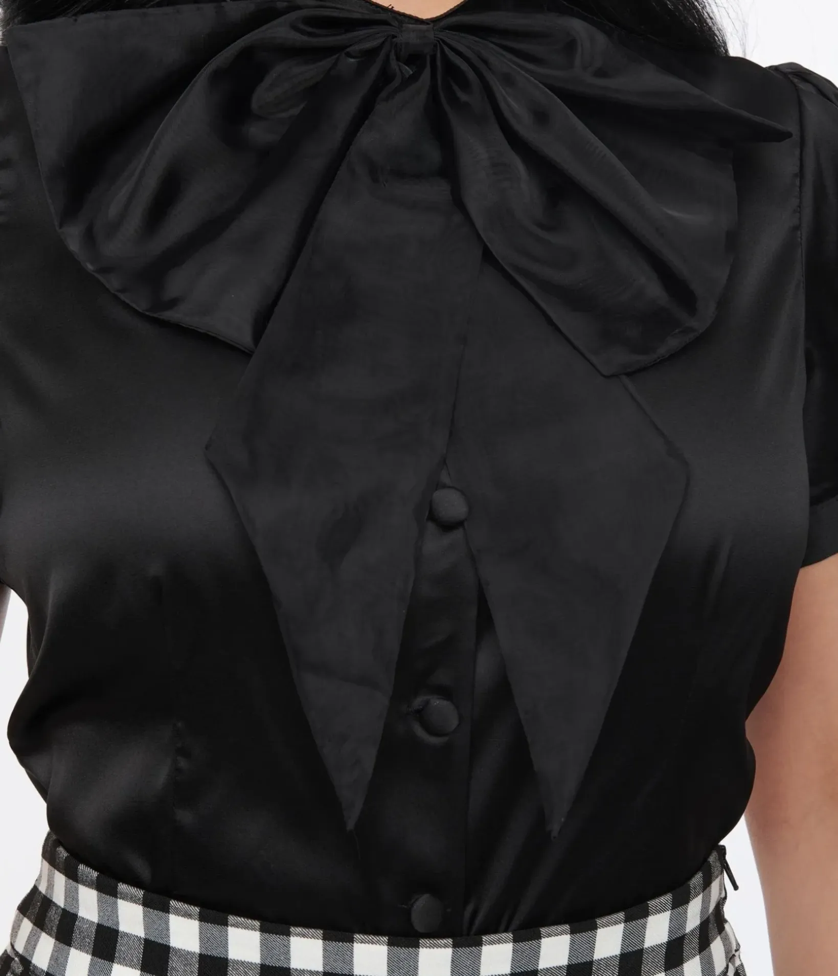 Unique Vintage Work Wear>Voodoo Vixen Black Bold Bow Satin Blouse