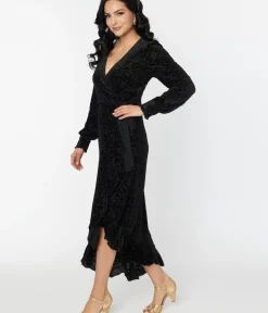 Unique Vintage Midi|Wrap Dresses>Voodoo Vixen Black Devore Gayle Wrap Dress
