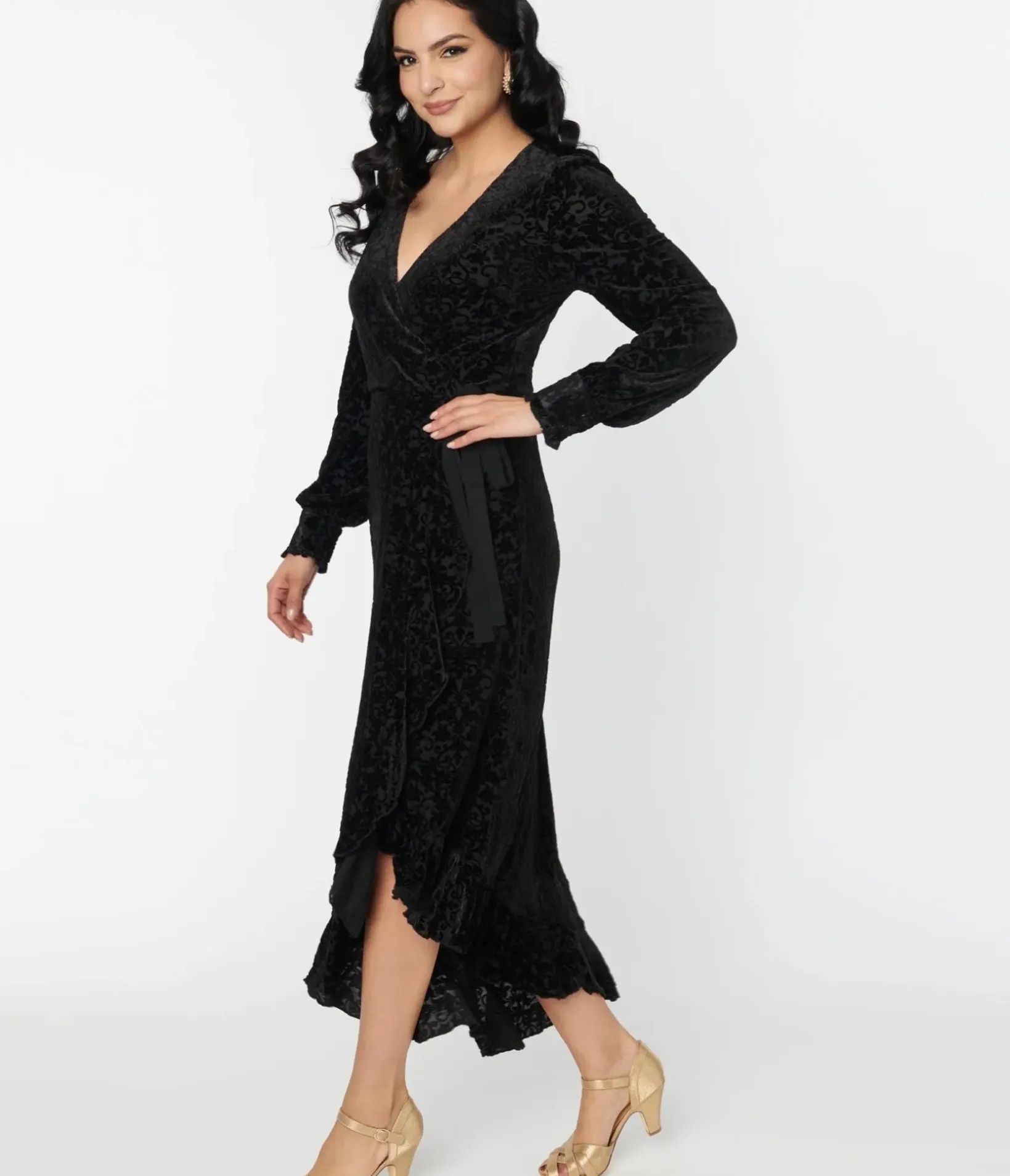 Unique Vintage Midi|Wrap Dresses>Voodoo Vixen Black Devore Gayle Wrap Dress