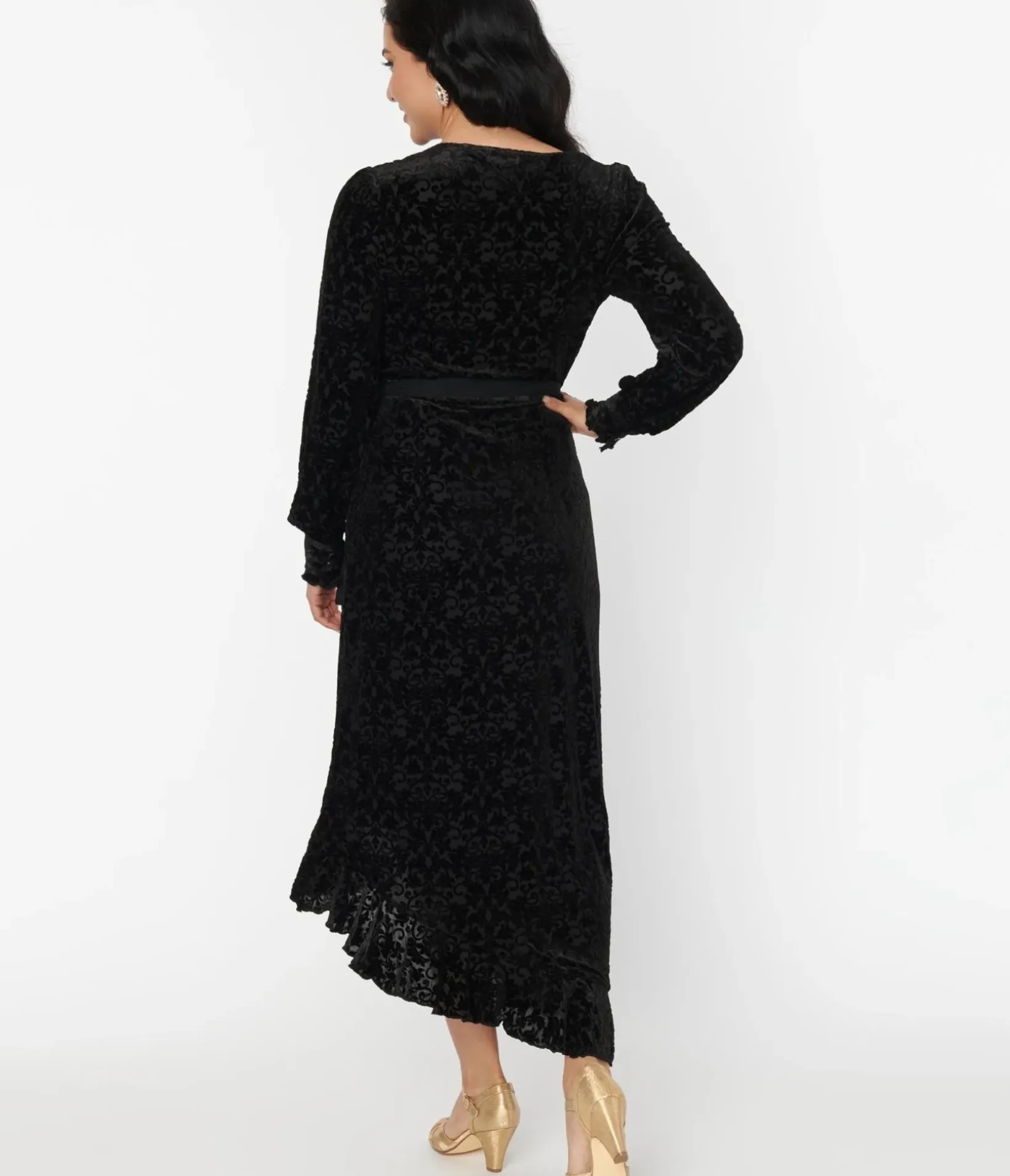 Unique Vintage Midi|Wrap Dresses>Voodoo Vixen Black Devore Gayle Wrap Dress