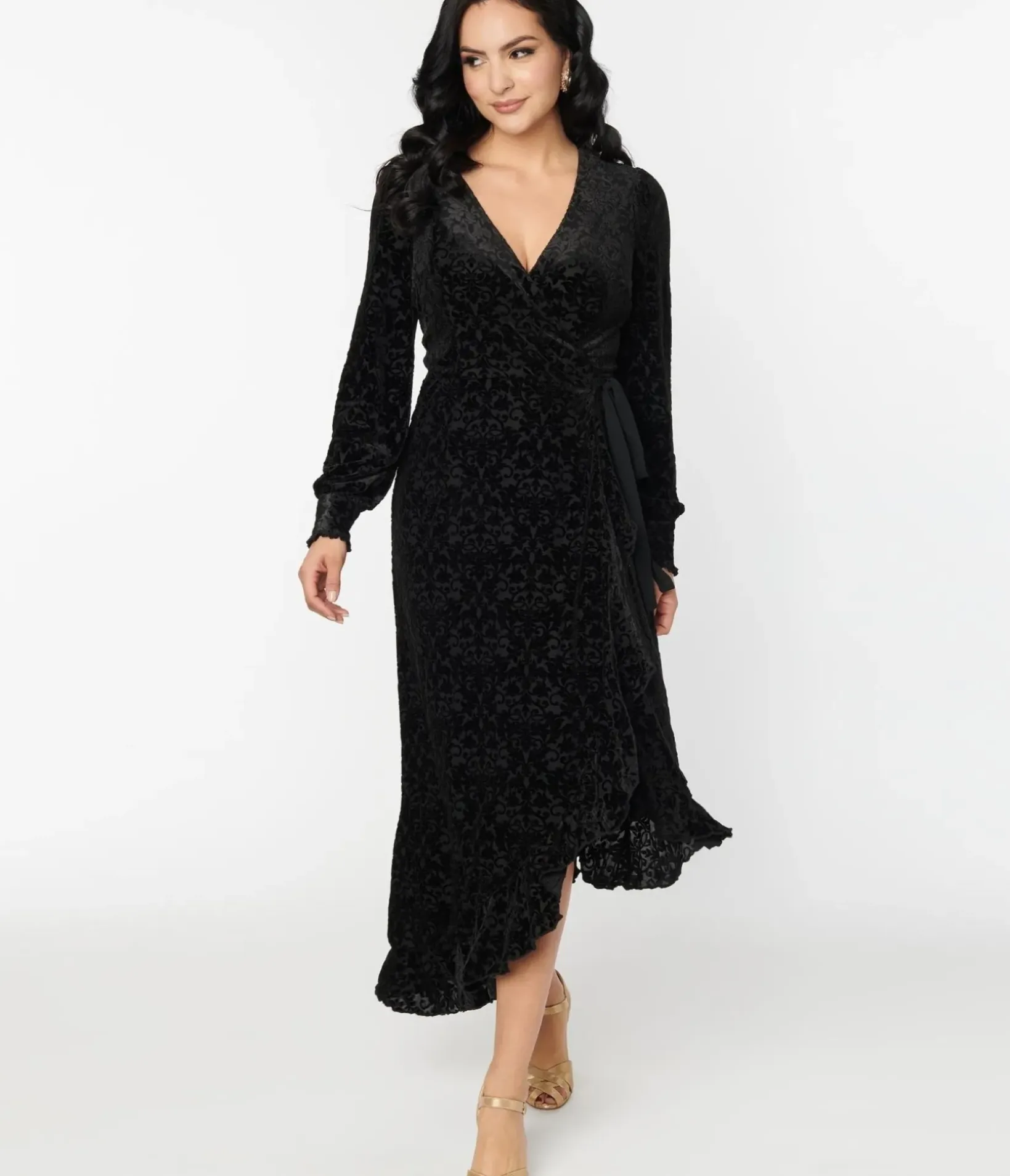 Unique Vintage Midi|Wrap Dresses>Voodoo Vixen Black Devore Gayle Wrap Dress