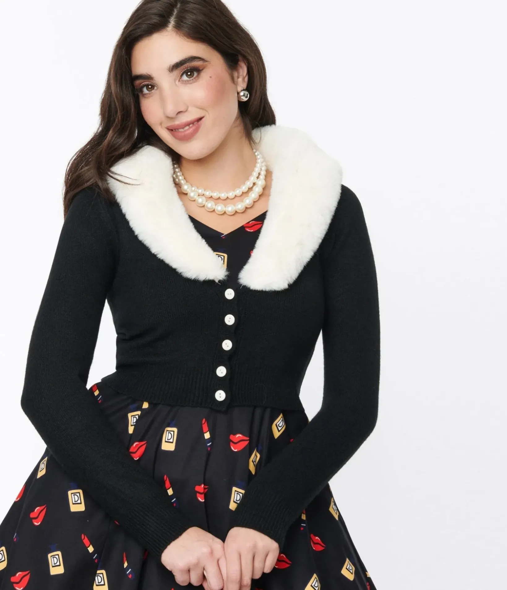 Unique Vintage Sweaters & Cardigans>Voodoo Vixen Black Faux Fur Collar Cropped Cardigan