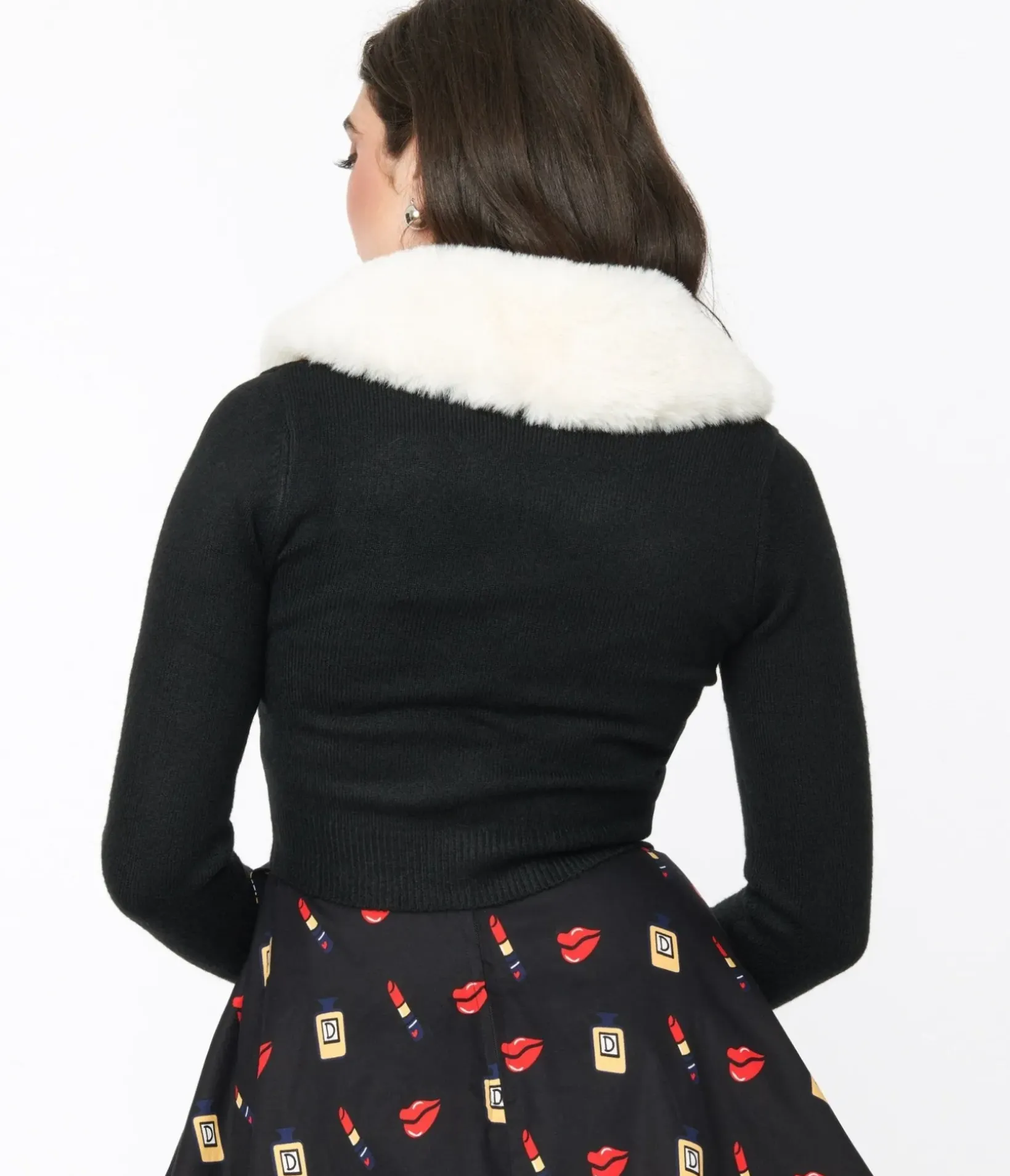 Unique Vintage Sweaters & Cardigans>Voodoo Vixen Black Faux Fur Collar Cropped Cardigan