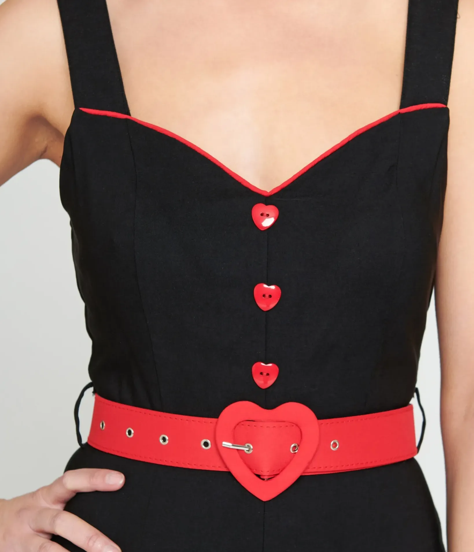 Unique Vintage Rompers & Jumpsuits|Rompers & Jumpsuits>Voodoo Vixen Black & Red Heart Buckle Capri Jumpsuit