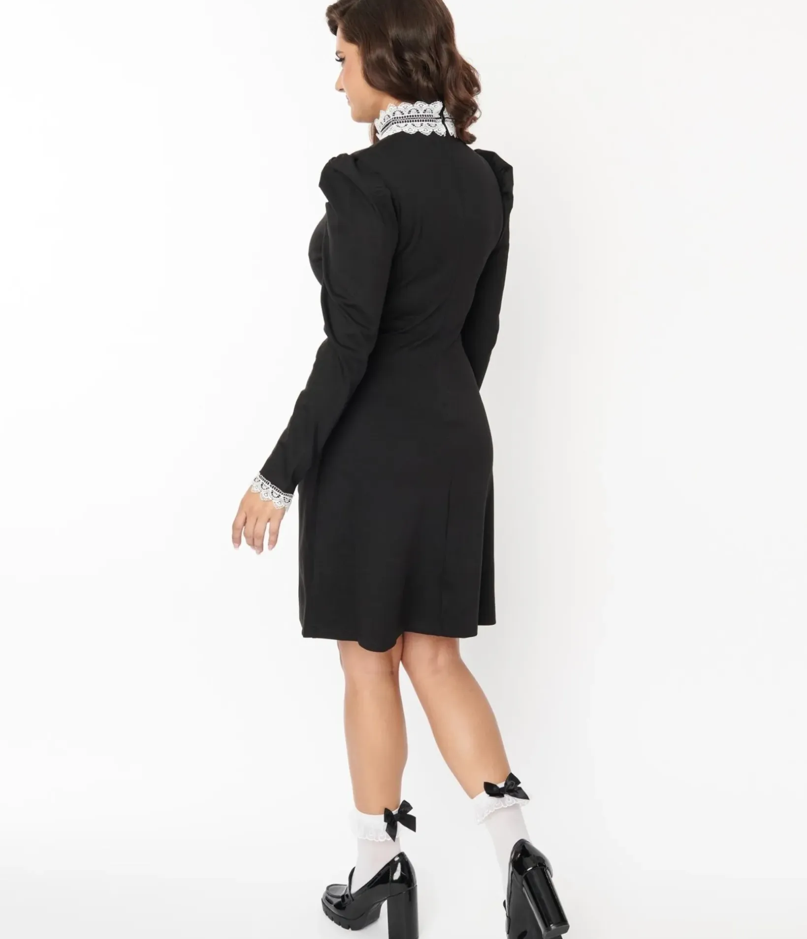 Unique Vintage Everyday Dresses|All Things Black>Voodoo Vixen Black & White Lace Collar Shift Dress