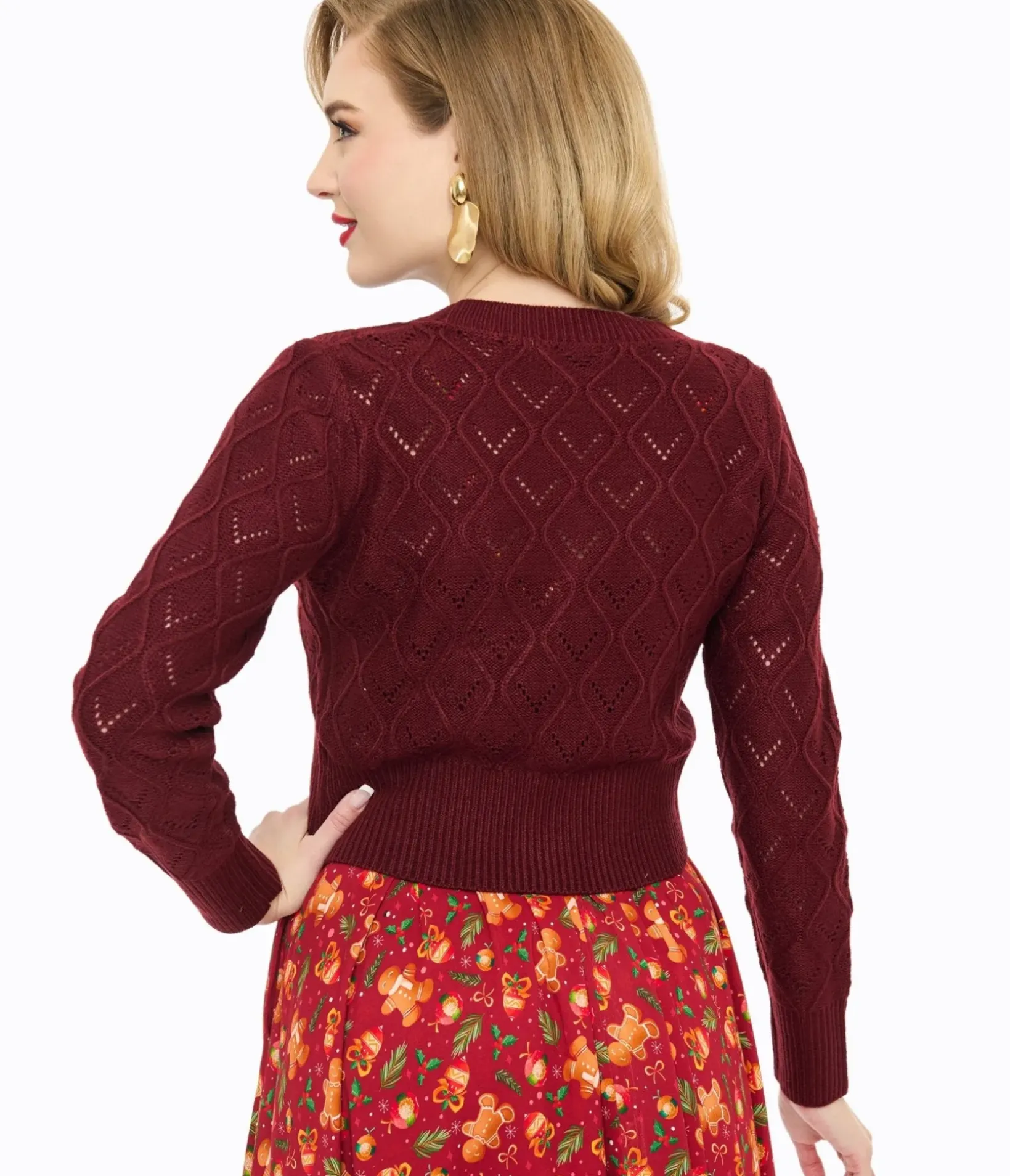 Unique Vintage Sweaters & Cardigans|Work Wear>Voodoo Vixen Burgundy Flower Button Cardigan
