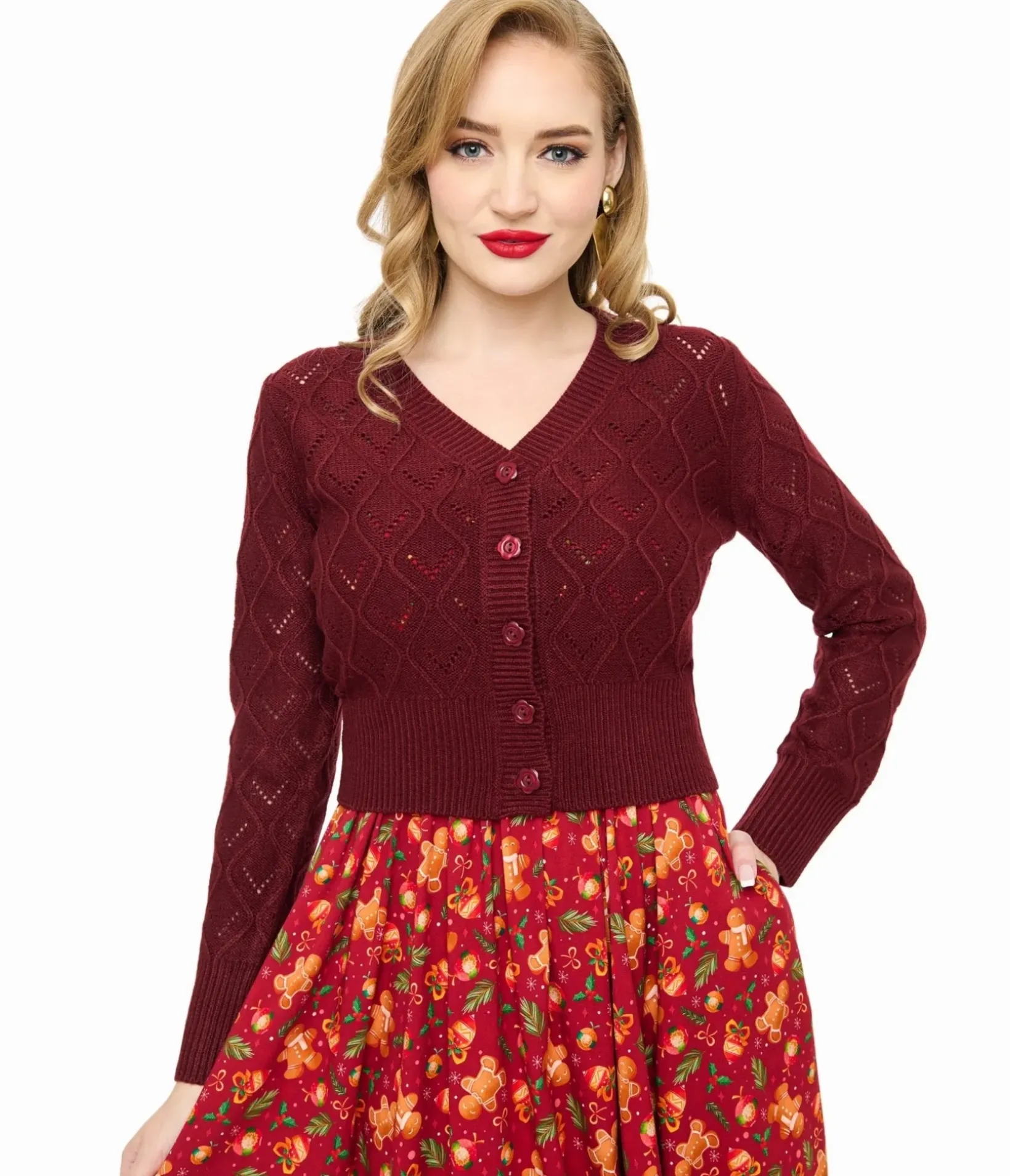 Unique Vintage Sweaters & Cardigans|Work Wear>Voodoo Vixen Burgundy Flower Button Cardigan