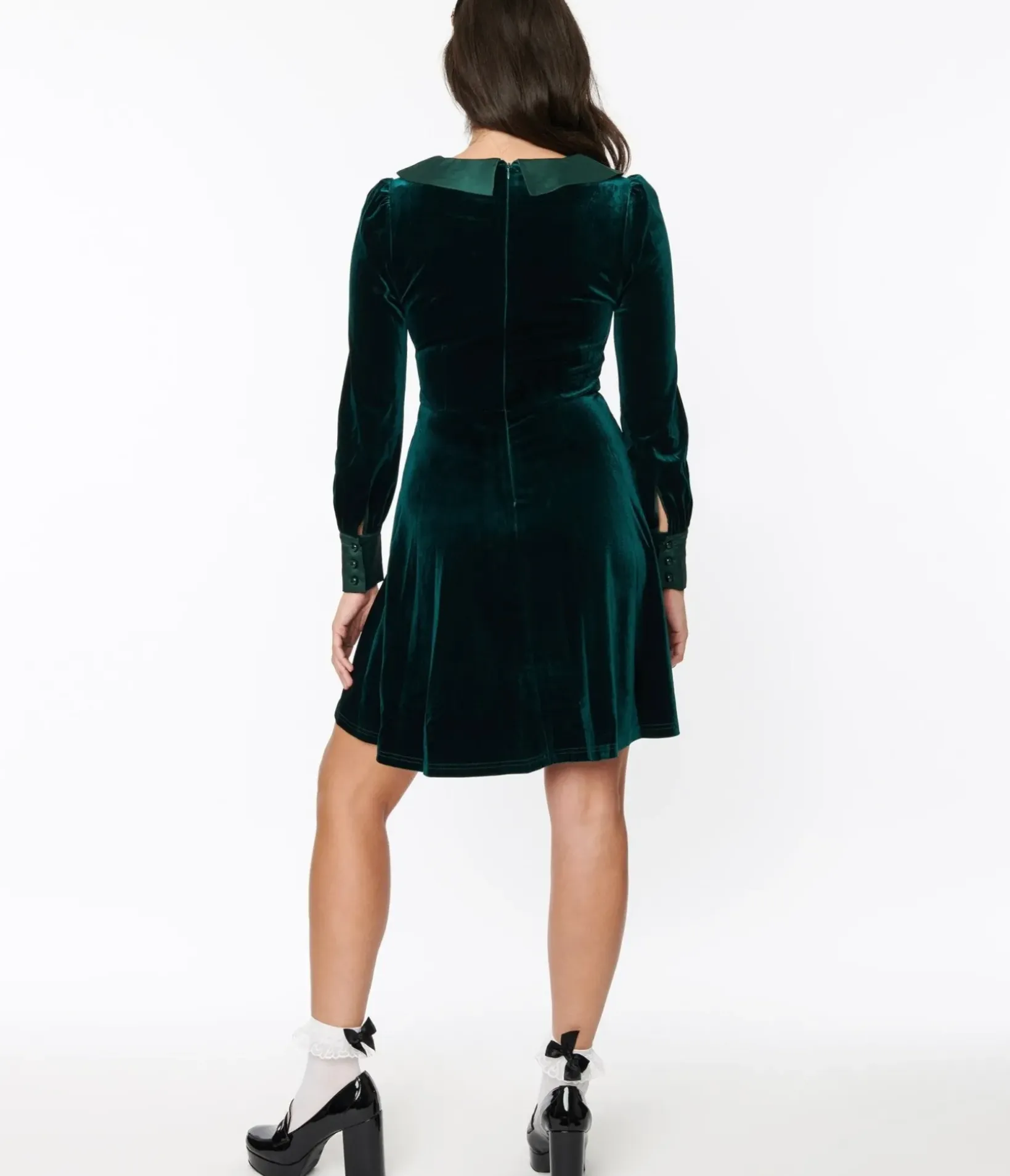 Unique Vintage Fit & Flare|Fit & Flare>Voodoo Vixen Emerald Green Velvet Satin Fit & Flare Dress