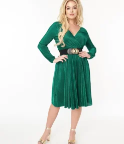 Unique Vintage Swing|Swing>Voodoo Vixen Green Pleated Satin Swing Dress