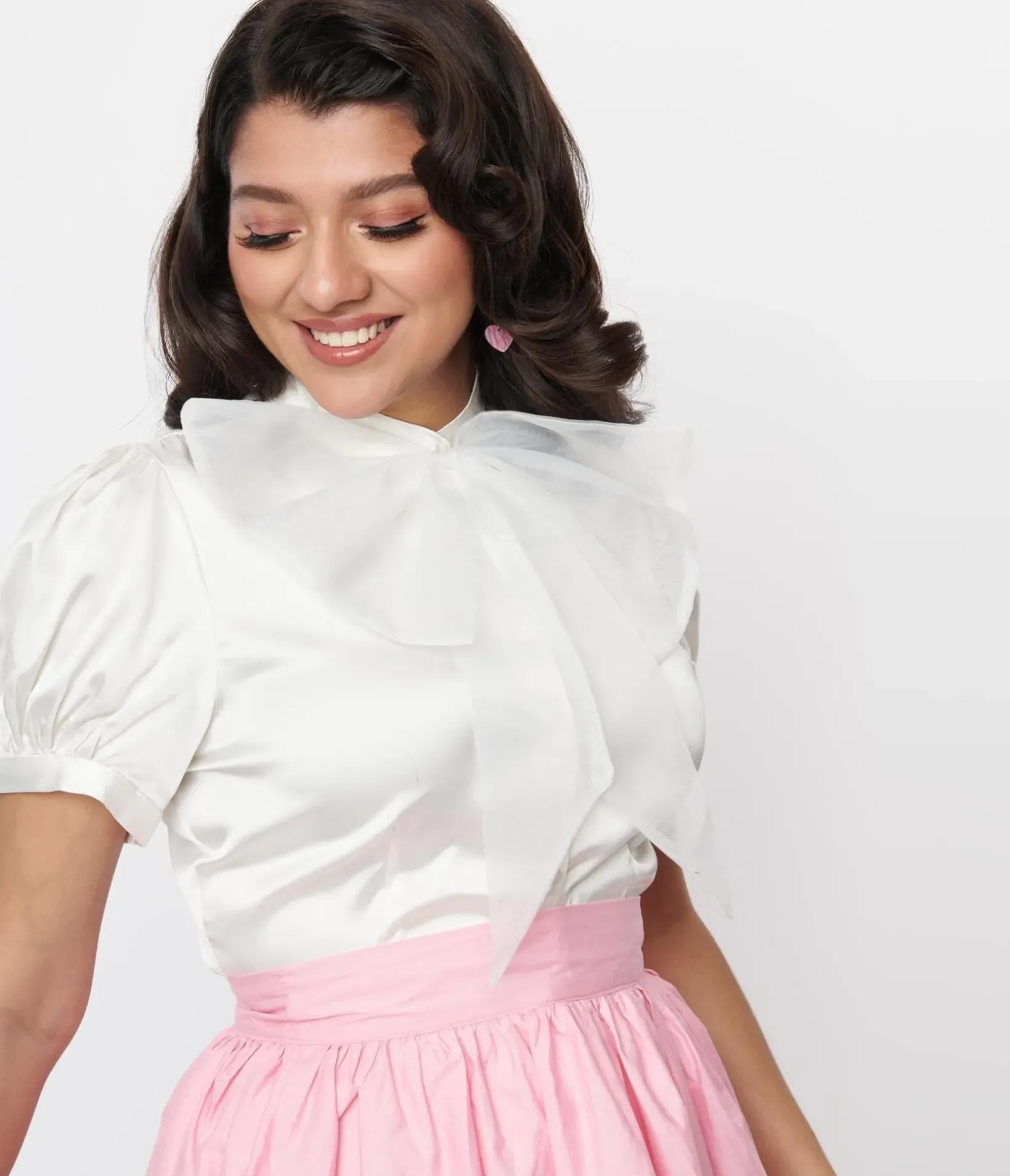 Unique Vintage Work Wear>Voodoo Vixen Ivory Bold Bow Satin Blouse
