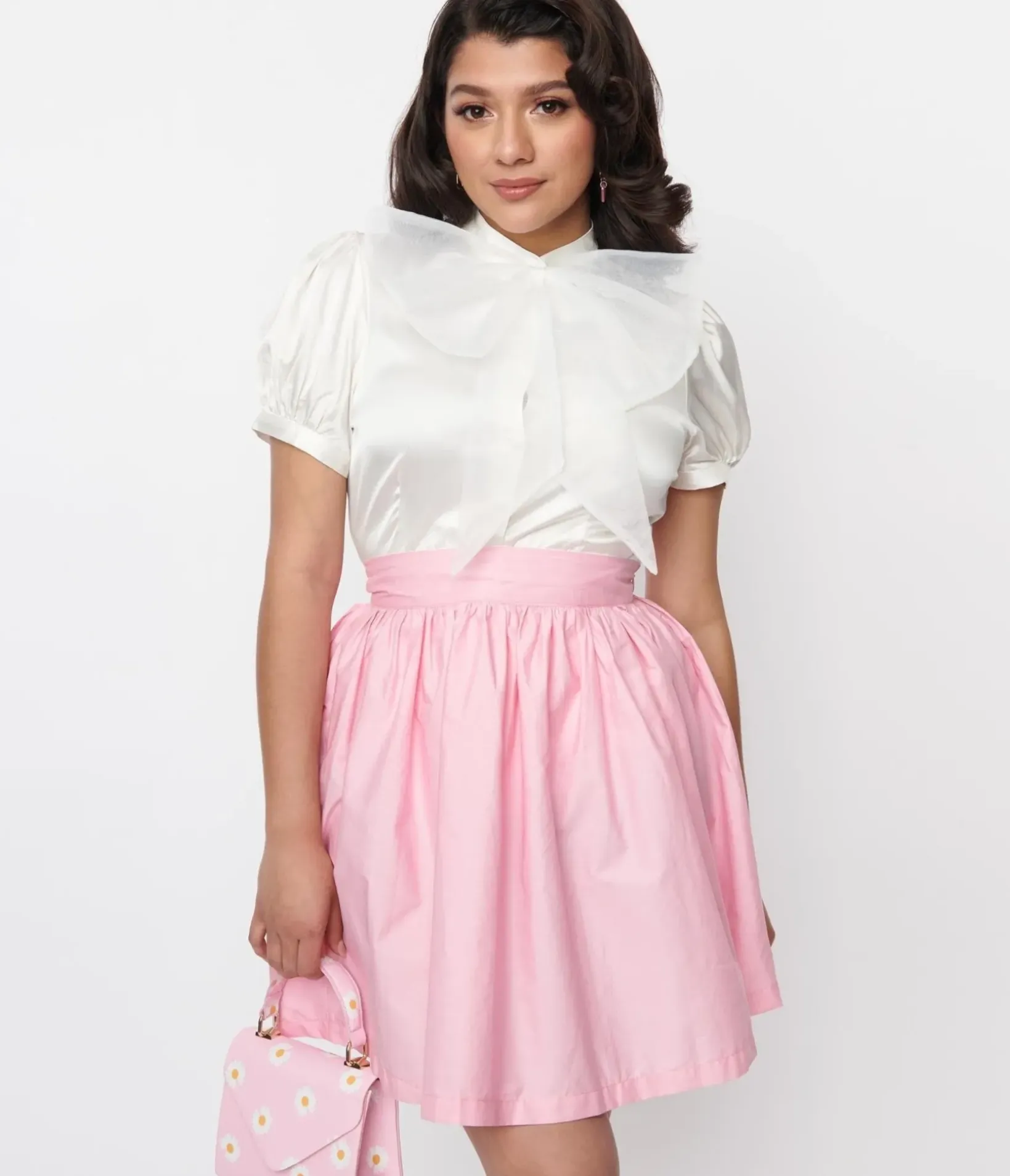 Unique Vintage Work Wear>Voodoo Vixen Ivory Bold Bow Satin Blouse