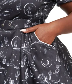 Unique Vintage Fit & Flare|Pocket Dresses>Voodoo Vixen Plus Size 1950s Black & White Midnight Western Fit & Flare Dress